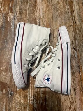 Converse White High-Top Sneakers with Navy and Red Stripe